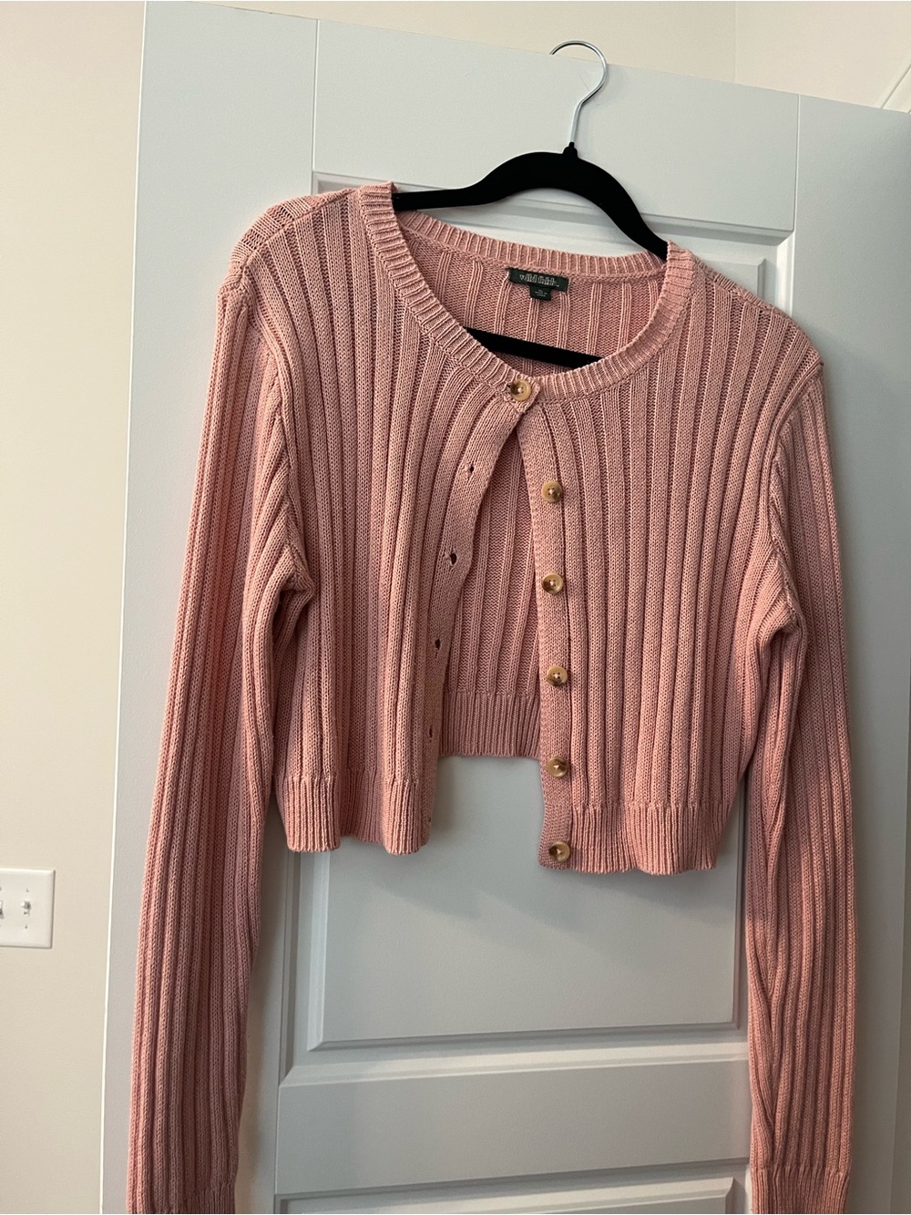 Pink Ribbed Button-Front Cropped Sweater